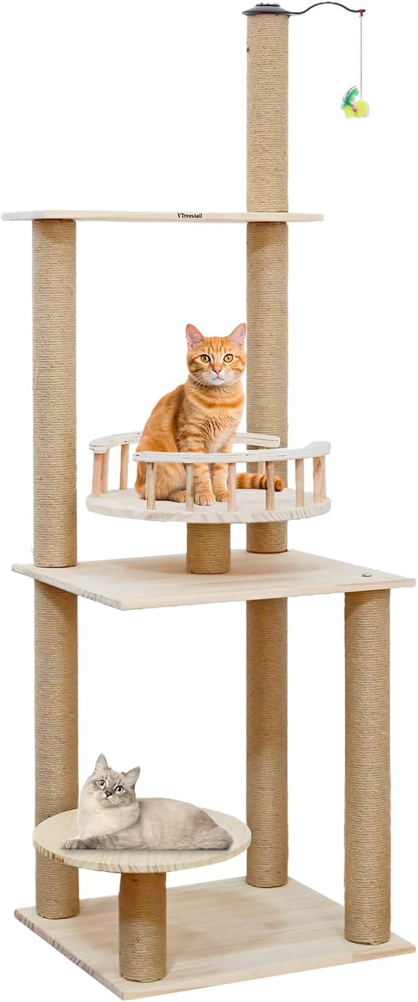Wood Cat Tree 17” x 16”x 53” Modern Sturdy Cat Tower with Double Condos Hand-Woven Beds &amp; Toys Multilevel Huge Paws Pals Tree Indoor Cat Furniture for Big Cats