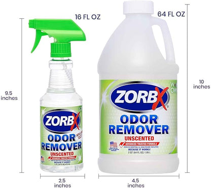 ZORBX Unscented Odor Eliminator for Strong Odor 16 Oz + 64 Oz - Used in Hospitals &amp; Healthcare Facilities - Advanced Trusted Formula, Fast-Acting Odor Remover Spray for Dog, Cat, House &amp; Carpet