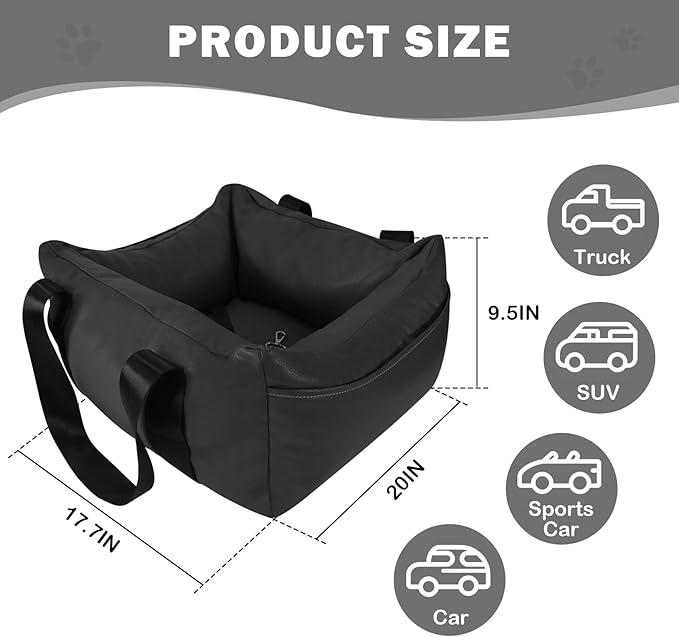 Dog Car Seat for Small Dogs, Large Leather Dog Car Bed with Storage Pocket, Waterproof PVC Leather Booster Seat Travel Bed for Front &amp; Back Seat, Clip-On Safety Leash (Black)