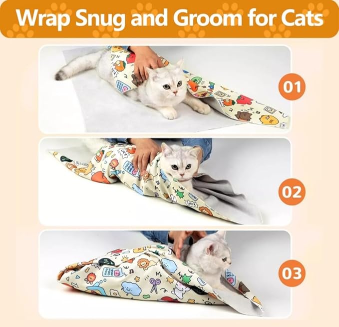 Magic Cat Wrap for Cutting Nails &amp; Grooming, Self Adherent Fabric Wrap for Cats, Multi Functional Pet Grooming Towel Blanket, Wrap Snug and Groom for Cats, 27.6in, Under 22 Ibs