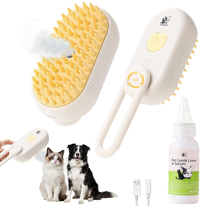 Cat Steam Brush for Shedding,4 in 1 Grooming Brush for Cats and Dogs,Deshedding,Massage,Cleaning &amp; Anti-Static All In One,Suitable for Long &amp; Short Haired Pets,Includes Waterless Shampoo,Yelow