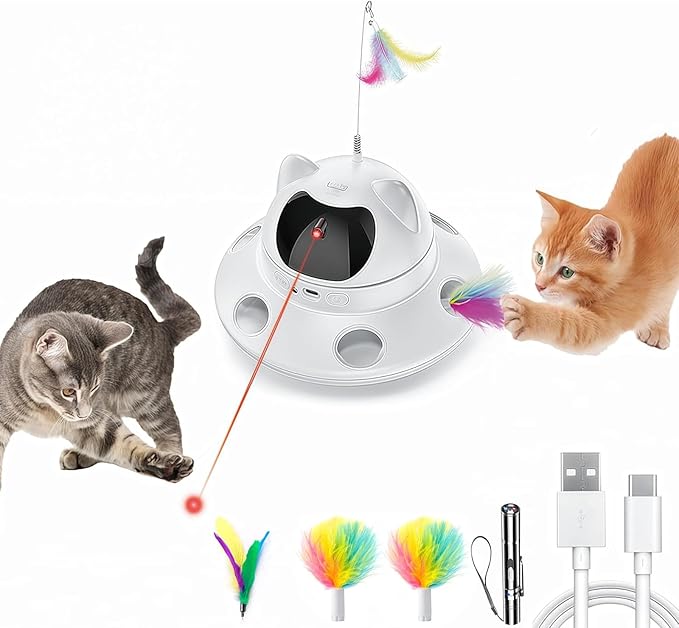 3-in-1 Cat Laser Toy &amp; Interactive Automatic Motion-Activated Kitten Toy – 6 Holes Whack-A-Mole Feather &amp; Moving Ambush Fun – USB Rechargeable, Apply to – Indoor Exercise for Cats of All Breeds