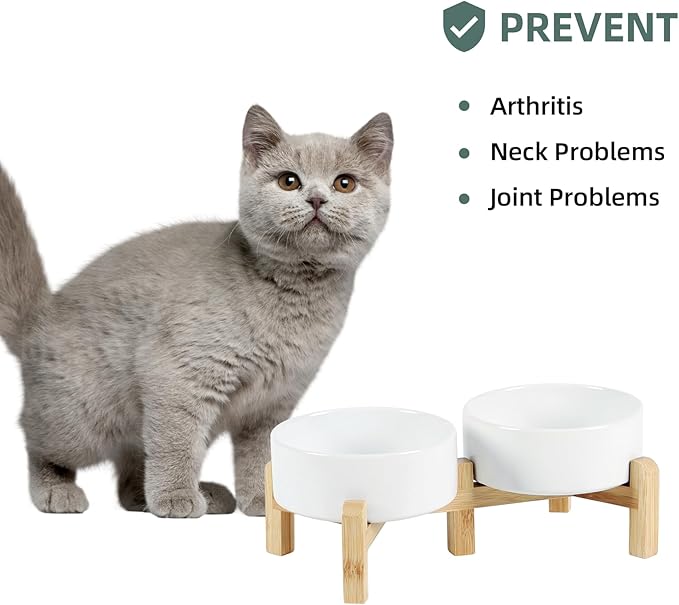 Ceramic Raised Double Bowls Set with Stand, 2 Heights Elevated, Food &amp; Water Bowls for Small Breed Dogs, Cats, Kitty, Weighted Dog Dishes, Pet Bowls(5.1&