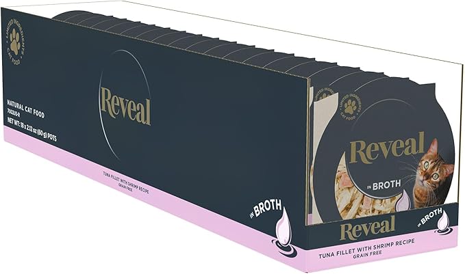 Reveal Natural Wet Cat Food, 18 Count, Grain Free, Limited Ingredient Cat Food Cups, Tuna with Shrimp in Broth, 2.12 oz Easy Peel Cups