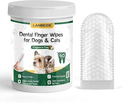 LANBEIDE Pet Teeth Cleaning Wipes for Dogs &amp; Cats 60 Counts, Dog Dental Wipes for Reducing Plaque &amp; Tartar, Breath Freshener Dental and Gum Care Finger Pet Wipes, No Hard Toothbrush