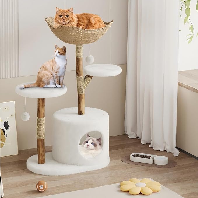 Modern Wood Cat Tree Tower for Large Cats | Luxury Solid Pear Wood Condo with Platforms, Scratching Posts &amp; All-Season Mats, 43" Aesthetic Cat Furniture, 2 Branch