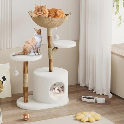 Modern Wood Cat Tree Tower for Large Cats | Luxury Solid Pear Wood Condo with Platforms, Scratching Posts &amp; All-Season Mats, 43" Aesthetic Cat Furniture, 2 Branch