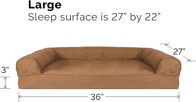 Furhaven Cooling Gel Dog Bed for Large/Medium Dogs w/ Removable Bolsters &amp; Washable Cover, For Dogs Up to 55 lbs - Quilted Sofa - Toasted Brown, Large