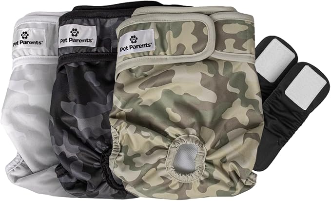 Pet Parents® Washable Dog Diapers (3pack) + Extendrs® of Durable Doggie Diapers, Premium Dog Diapers Female &amp; Male (Small, Camo)