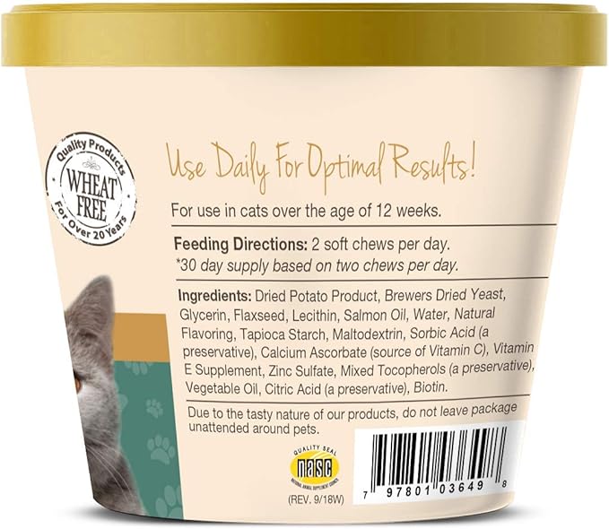 NaturVet – Skin &amp; Coat Plus Omegas for Cats – 60 Soft Chews | Supports Healthy Skin &amp; Glossy Coat | Enhanced with Omega-3, Omega-6 &amp; Biotin | 30 Day Supply
