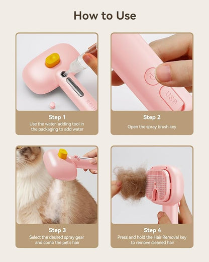 ROJECO 3-in-1 Pet Steam Brush for Cats&amp;Dogs - Detangling Comb with Adjustable Mist, Handheld Deshedding Grooming Tool for Long/Short Hair, Massage Brush &amp; Shedding Control Gift,Cordless,Pink