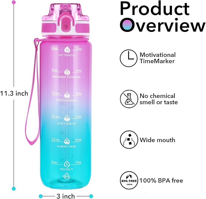 32oz Motivational Water Bottles with Time Marker &amp; Fruit Strainer, Transparent Gradient Color Water Bottle with Times to Drink, Leakproof &amp; BPA Free, Reusable Bottle with Strap (No Straw)