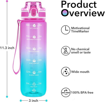 32oz Motivational Water Bottles with Time Marker &amp; Fruit Strainer, Transparent Gradient Color Water Bottle with Times to Drink, Leakproof &amp; BPA Free, Reusable Bottle with Strap (No Straw)