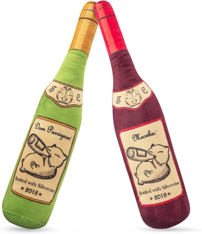 KittiLush 2-Pack Organic Silvervine Catnip Substitute Toys for Cats &amp; Kittens | 100% All-Natural Wild Harvested Silvervine | 2 Refillable Wine Bottle Kicker Cat Toys