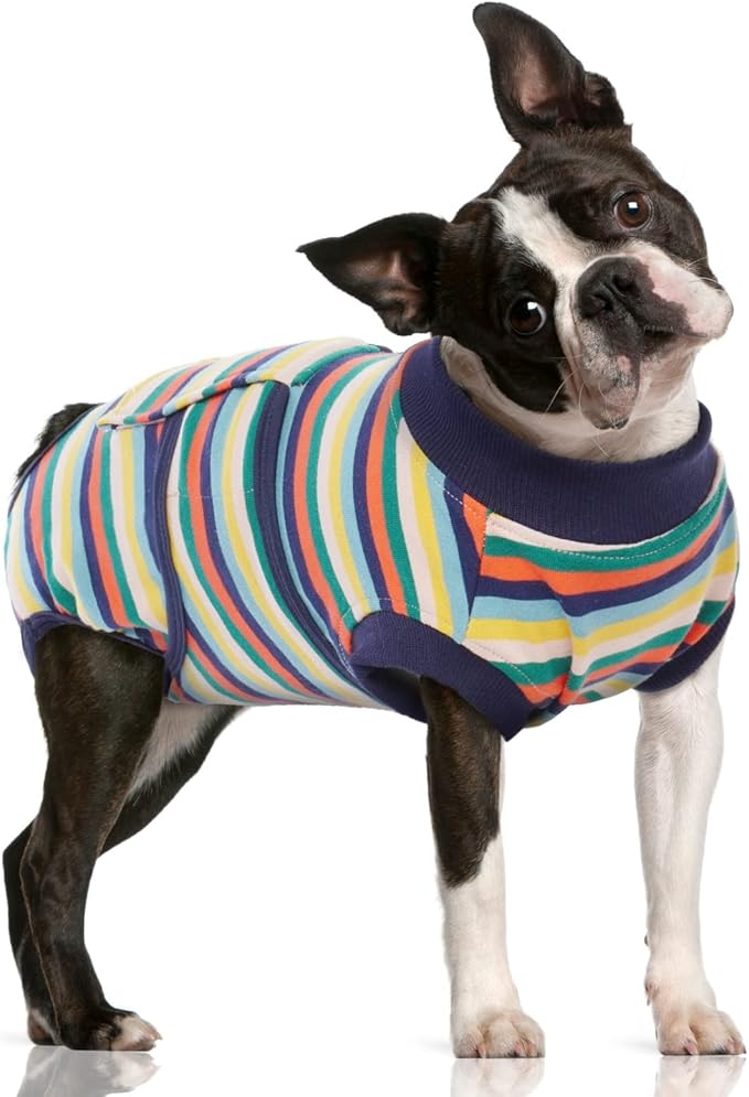 FUAMEY Recovery Suit for Dogs After Surgery,Soft Breathable Dog Bodysuit E-Collar &amp; Cone Alternative Surgical Suit,Male Female Dog Neuter Spay Suits Anti Licking Wounds Onesie Dark Blue Stripes M