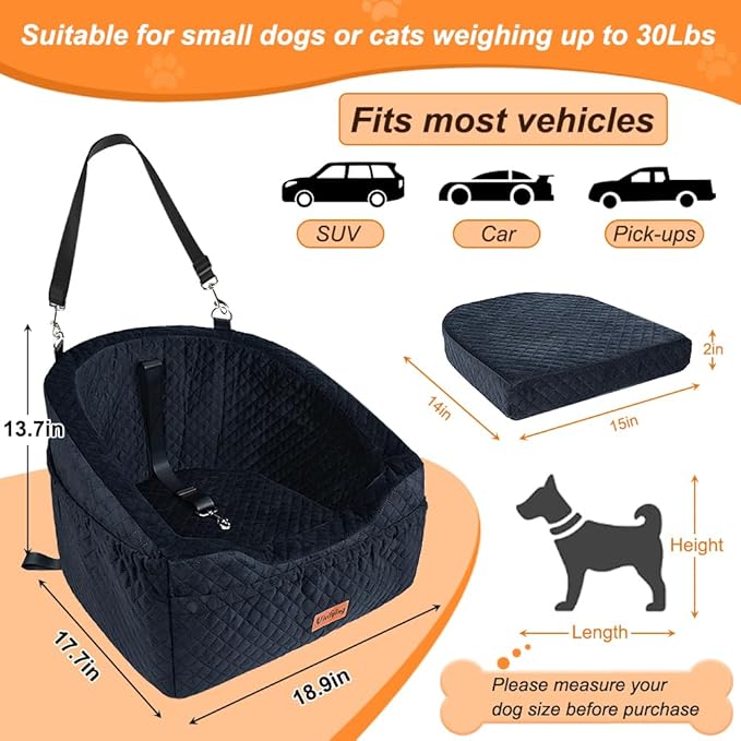 Vivifying Dog Car Seat for Small &amp; Medium Dogs, Detachable &amp; Washable Booster Seat for Pets Up to 30lbs, Travel Bed with Storage Pockets and Safety Belt – Black