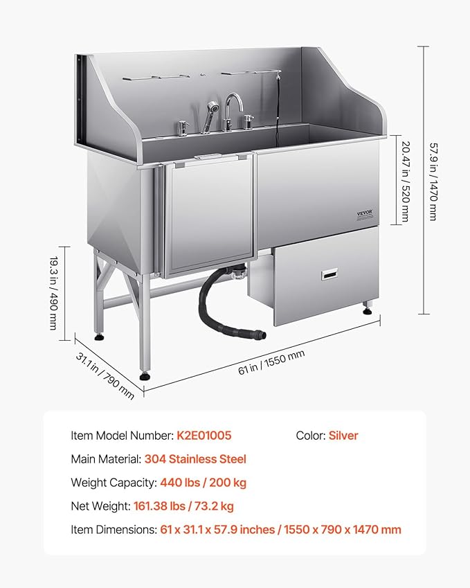 VEVOR Professional 304 Stainless Steel Dog Bathing Station, 61 inch Pet Grooming Tub w/Anti-Slip ramp, Storage Drawer, Cold Hot Faucet Showerhead, for Large &amp; Medium &amp; Small (Left Door, with Drawer)