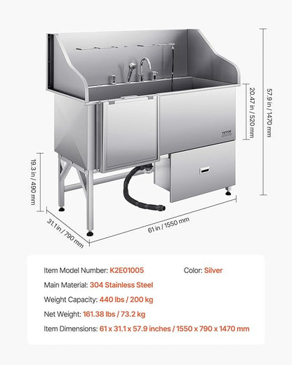 VEVOR Professional 304 Stainless Steel Dog Bathing Station, 61 inch Pet Grooming Tub w/Anti-Slip ramp, Storage Drawer, Cold Hot Faucet Showerhead, for Large &amp; Medium &amp; Small (Left Door, with Drawer)