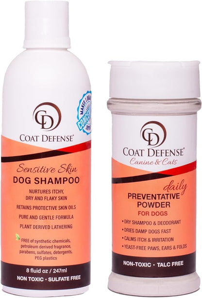 COAT DEFENSE Paw Licker Bundle | Dry Powder for Dogs &amp; Sensitive Skin Dog Shampoo for Allergies and Itching | Smell &amp; Itch Relief | Itchy Skin Relief &amp; Yeast Dog Treatment