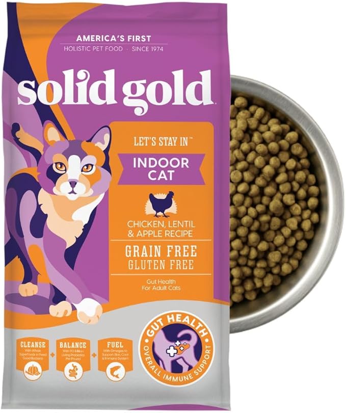 Solid Gold Indoor Dry Cat Food - Grain Free &amp; Gluten Free - Chicken Cat Food Dry Kibble for Indoor Cats w/Probiotics &amp; Fiber for Gut Health - Sensitive Stomach &amp; Hairball Support for Adult Cats -12LB