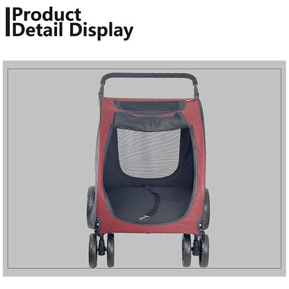 Extra Large Dog Stroller for Medium &amp; Large Pets - Foldable Design, Adjustable Handle, Up to 130 lbs(Red)