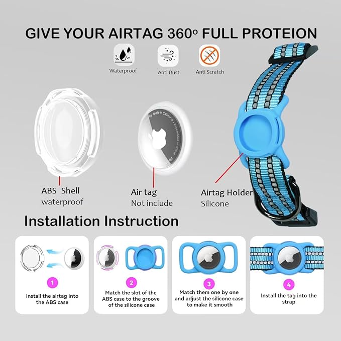 Reflective Dog Collar with Apple AirTag Holder &amp; QR Code Pet ID Tag,Soft Nylon Adjustable Dog Tracker Collar with Safety Lock for Large Dogs(Blue, L（16"-26"）)