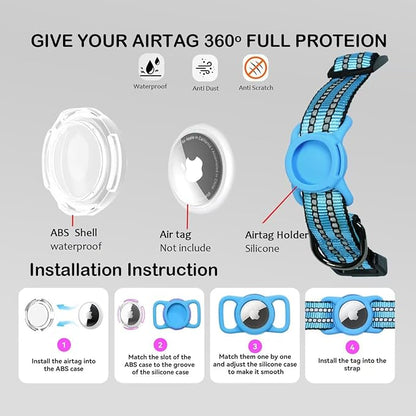 Reflective Dog Collar with Apple AirTag Holder &amp; QR Code Pet ID Tag,Soft Nylon Adjustable Dog Tracker Collar with Safety Lock for Large Dogs(Blue, L（16"-26"）)