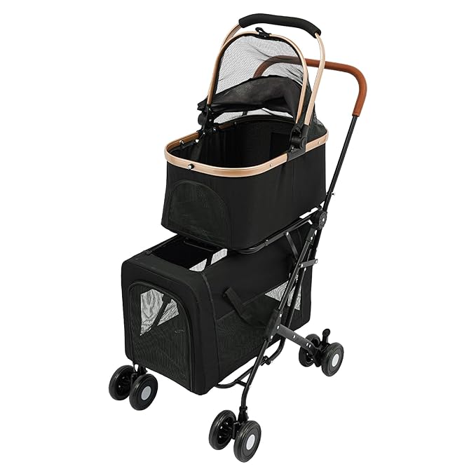Double Pet Stroller with Detachable Carriers, Large Cat &amp; Dog Stroller with 4 Wheels, Foldable Pet Strollers Small &amp; Medium Dogs Cats 77lbs (Black)