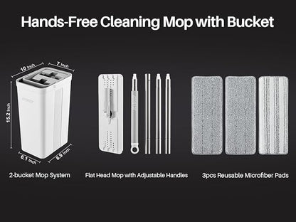 JOYMOOP Mop and Bucket with Wringer Set for Home, Flat Mop and Bucket System, Mops for Floor Cleaning and Wall Cleaner, with 3 Reusable Microfiber Mop Pads