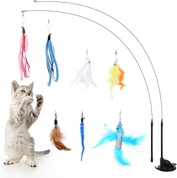 Pawaboo Cat Feather Toys, Interactive Cat Wand Toy with 2-Slot Super Suction Cup, Detachable 2 PCS Spring Cat Wand &amp; 7 PCS Cat Teaser Replacement with Bells, Funny Kitty Toys for Indoor Kittens Play