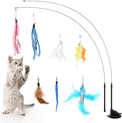 Pawaboo Cat Feather Toys, Interactive Cat Wand Toy with 2-Slot Super Suction Cup, Detachable 2 PCS Spring Cat Wand &amp; 7 PCS Cat Teaser Replacement with Bells, Funny Kitty Toys for Indoor Kittens Play