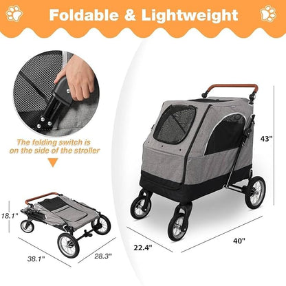 4 Wheel Pet Stroller with Storage Basket - Foldable &amp; Breathable with Mesh Skylight, Large Dog Stroller with Adjustable Handle - Ideal for Travel and Walking with Medium to Large Dogs, Up to 120 lbs