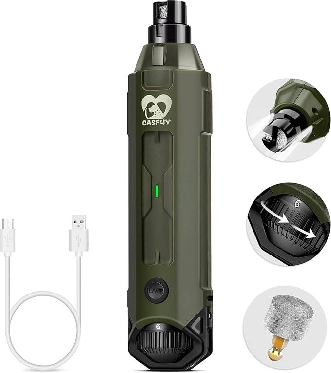 Casfuy 6-Speed Dog Nail Grinder - Newest Enhanced Pet Nail Grinder Super Quiet Rechargeable Electric Dog Nail Trimmer Painless Paws Grooming &amp; Smoothing Tool for Large Medium Small Dogs (Army Green)
