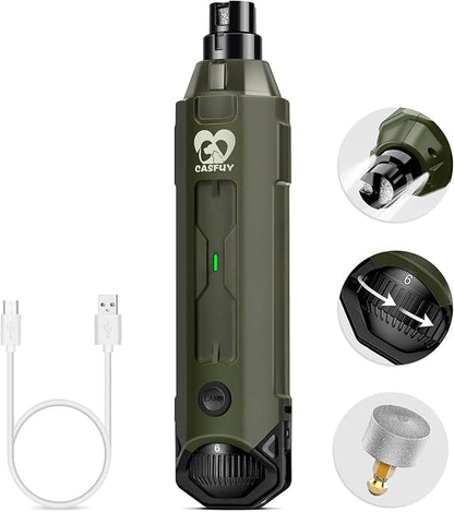 Casfuy 6-Speed Dog Nail Grinder - Newest Enhanced Pet Nail Grinder Super Quiet Rechargeable Electric Dog Nail Trimmer Painless Paws Grooming &amp; Smoothing Tool for Large Medium Small Dogs (Army Green)