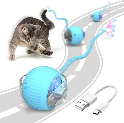 Interactive Cat Toy Ball for Indoor Cats with Mesh Tail &amp; Foils, Automatic Rolling Three Modes Agile Moving Cat Ball to Keep Them Busy Rechargeable, Blue