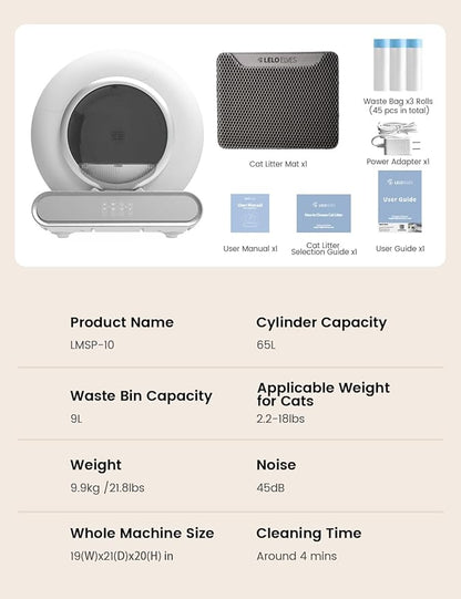 Self Cleaning Cat Litter Box, Ultra-Safe Protection Automatic Cat Litter Box, APP Control/Lower Entry/Large Capacity with 3 Rolls Liners &amp; Mat LELOPETS
