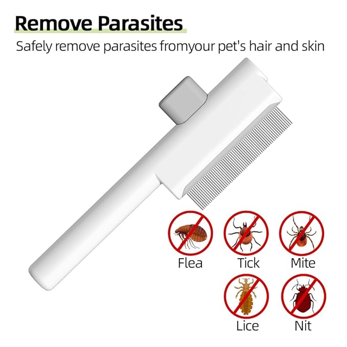 Marchul 2Pcs Pet Comb Flea Comb Set for Cats Dogs, Cat Grooming Brush with Release Button and Stainless Steel Round Teeth, Self-Cleaning Dog Combs for Removing Pet Hair, Knots &amp; Loose Fur, White