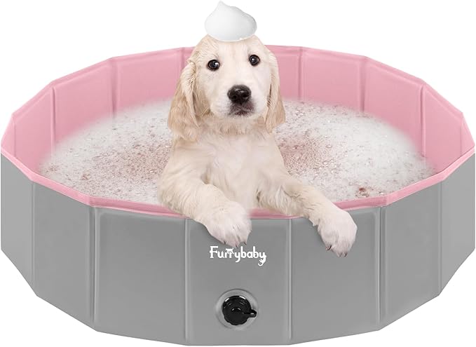 Furrybaby Dog Pool, Kiddie Pool Hard Plastic, Collapsible Pet Bath Foldable Swimming Pet Pool Portable Pink 32&