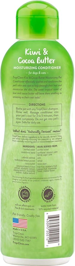 TropiClean Dog Conditioner, Easy Detangling &amp; Moisturizing Conditioner, Puppy Safe, Made in The USA, Kiwi &amp; Cocoa Butter Scent, 20oz.