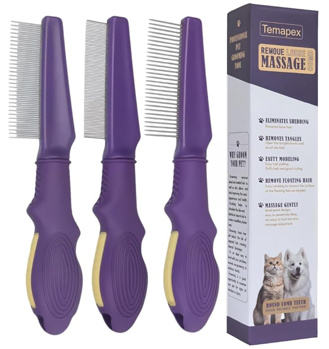 Temapex 3PCS Pet Comb for Grooming Long &amp; Short Haired Cats &amp; Dogs With Stainless Steel Metal Teeth for Removes Tangles &amp; Flea, Non-Slip &amp; Anti-Static Rubber Handle, Safe &amp; Gentle