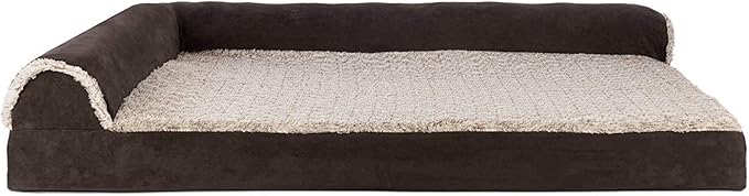 Furhaven Cooling Gel Dog Bed for Large Dogs w/ Removable Bolsters &amp; Washable Cover, For Dogs Up to 95 lbs -Two-Tone Plush Faux Fur &amp; Suede L Shaped Chaise- Espresso, Jumbo/XL, 40.0"L x 32.0"W x 8.0"Th