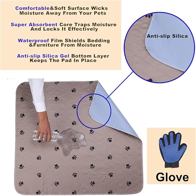 Washable Dog Pee Pads with Puppy Grooming Gloves,Puppy Pads,Reusable Pet Training Pads,Large Dog Pee Pad,Waterproof Pet Pads for Dog Bed Mat,Super Absorbing Whelping Pads