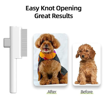 Marchul 2Pcs Pet Comb Flea Comb Set for Cats Dogs, Cat Grooming Brush with Release Button and Stainless Steel Round Teeth, Self-Cleaning Dog Combs for Removing Pet Hair, Knots &amp; Loose Fur, White