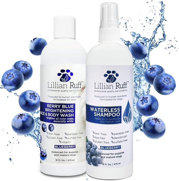 Lillian Ruff PRO Formula Berry Blue Brightening Dog Shampoo + Blueberry Waterless Dog Shampoo - Professional Whitening, Tear Stain Remover &amp; No-Rinse Hydrating Odor Control, Aloe+Coconut Oil, USA Made