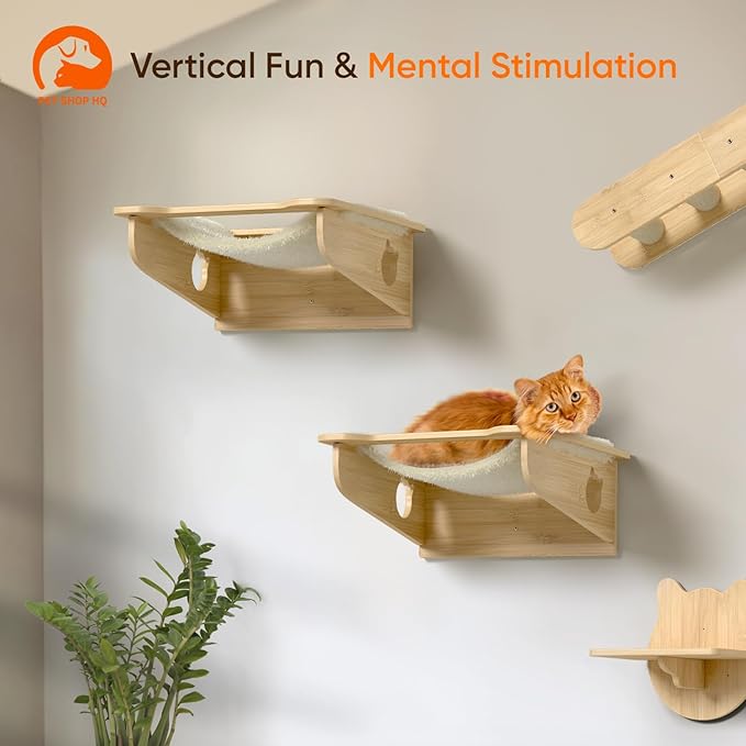 Cat Wall Furniture Set - Bamboo Shelves, Ladders, Cat House, Hammock &amp; More - Space-Saving, Easy Installation, Up to 60lbs