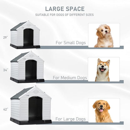 LEMBERI Durable Waterproof Plastic Dog House for Small to Large Sized Dogs, Indoor Outdoor Doghouse Puppy Shelter with Elevated Floor, Easy to Assemble (Gray, 42&