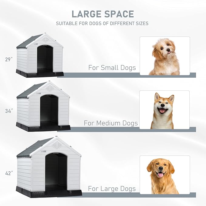 LEMBERI Durable Waterproof Plastic Dog House for Small to Large Sized Dogs, Indoor Outdoor Doghouse Insulated Puppy Shelter with Elevated Floor, Easy to Assemble (Gray, 34&