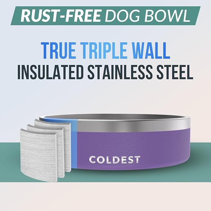 Coldest Dog Bowl - Anti Rust Metal, Non Slip, 3 Layers Insulated Stainless Steel Dog Bowls - Spill Proof &amp; Heavy Duty - Water Bowl for Dogs, Cats &amp; Pets, Dish Washer Safe (42 oz, Galaxy Purple)