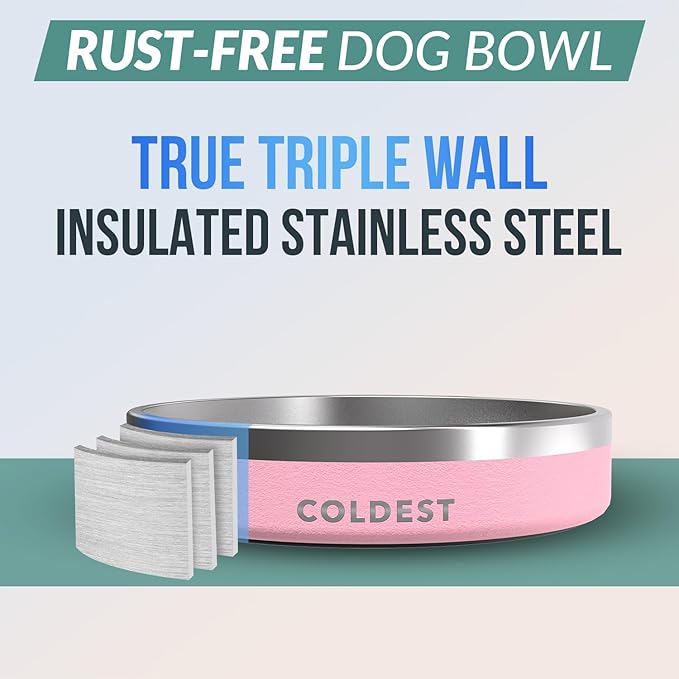 Coldest Dog Bowl - Anti Rust Metal, Non Slip, 3 Layers Insulated Stainless Steel Dog Bowls - Spill Proof &amp; Heavy Duty - Water Bowl for Dogs, Cats &amp; Pets, Dish Washer Safe (21 oz,Cotton Candy Pink)