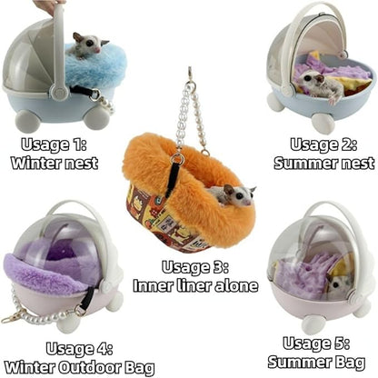 Sugar Glider Carrier Cage with Warm Nest, Cushion, Mat and Safe Lock, Portable Cages with Chain, Small Animals Travel Carrier Plastic Breathable Outgoing Box for Hamsters (Pink)